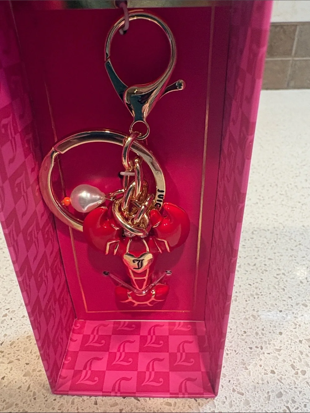 Juicy Couture NWT  Red Enamel Lobster & Pearl Bag Charm/Keychain